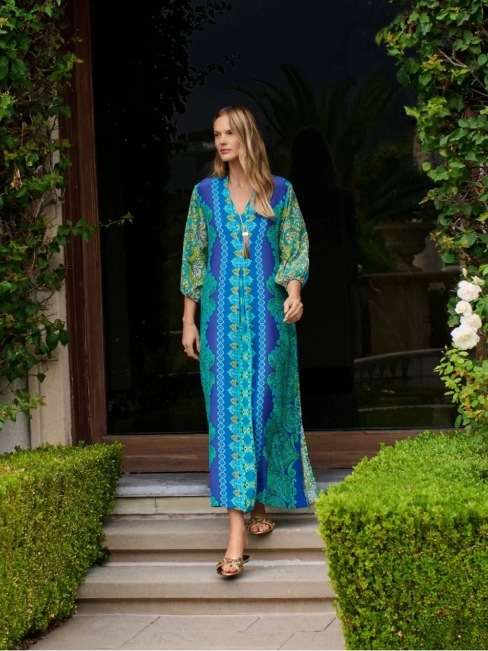 Johnny Was 100% Silk KAHINU Dress  in Diomedes Blue Green Sz L LIKE NEW - Picture 3 of 14